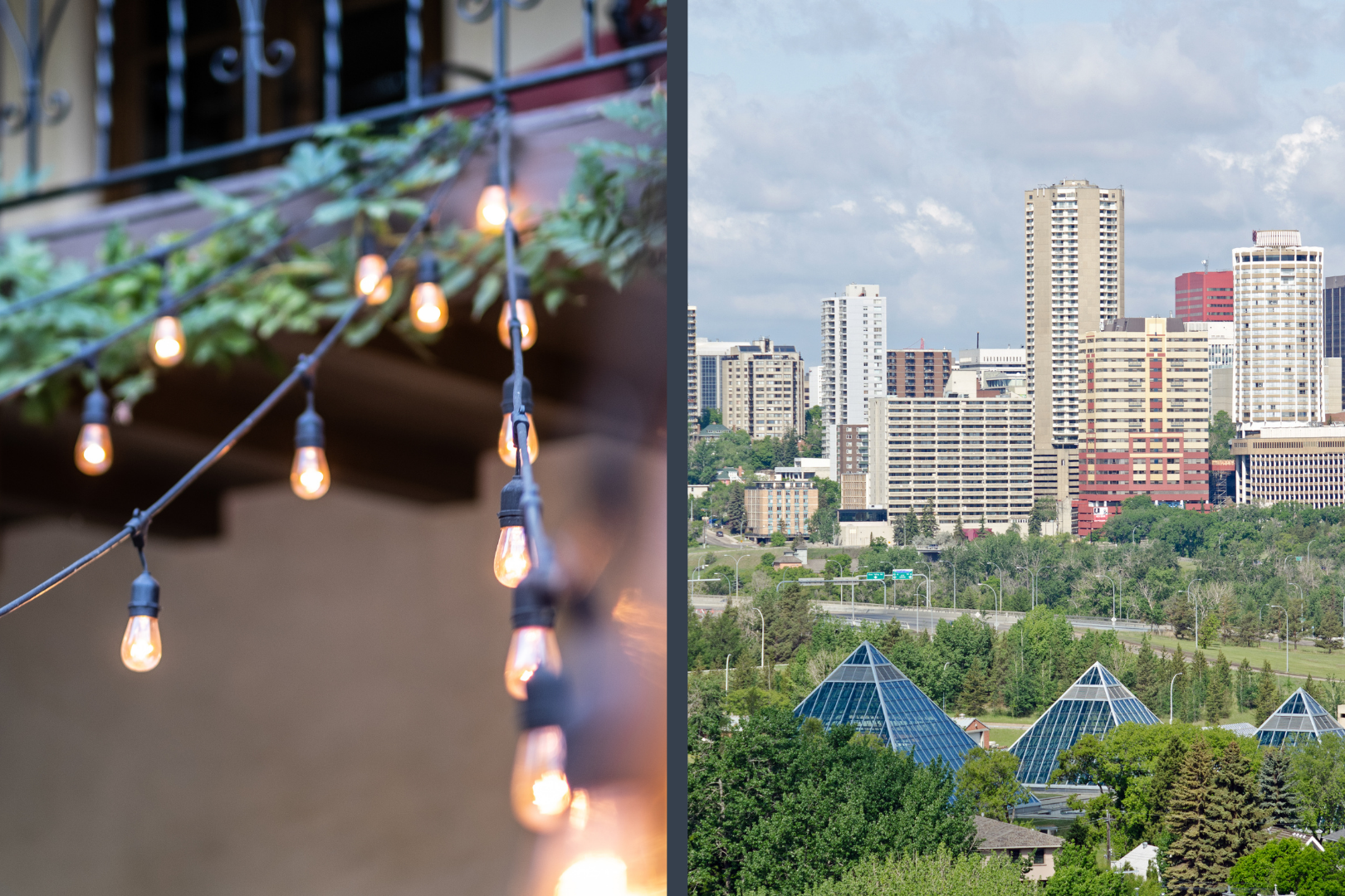 hanging patio lighting & Muttart Conservatory in Edmonton