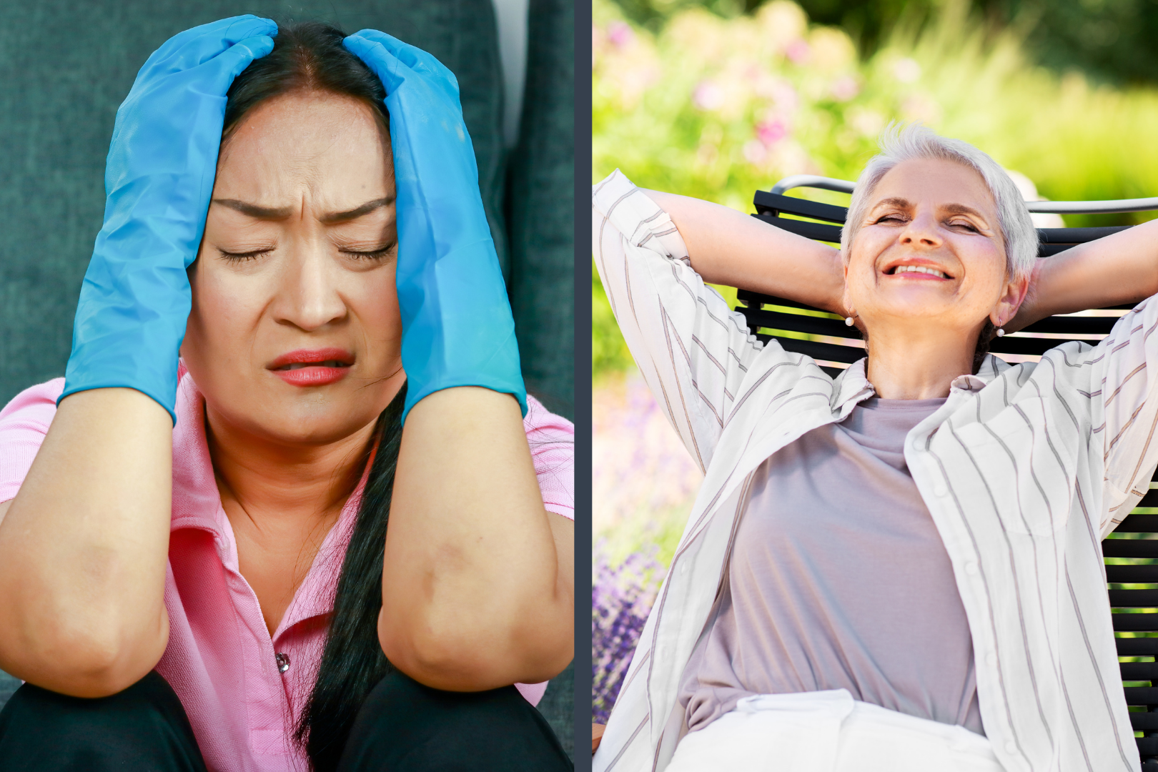 frustrated woman cleaning and woman relaxing in the sunshine