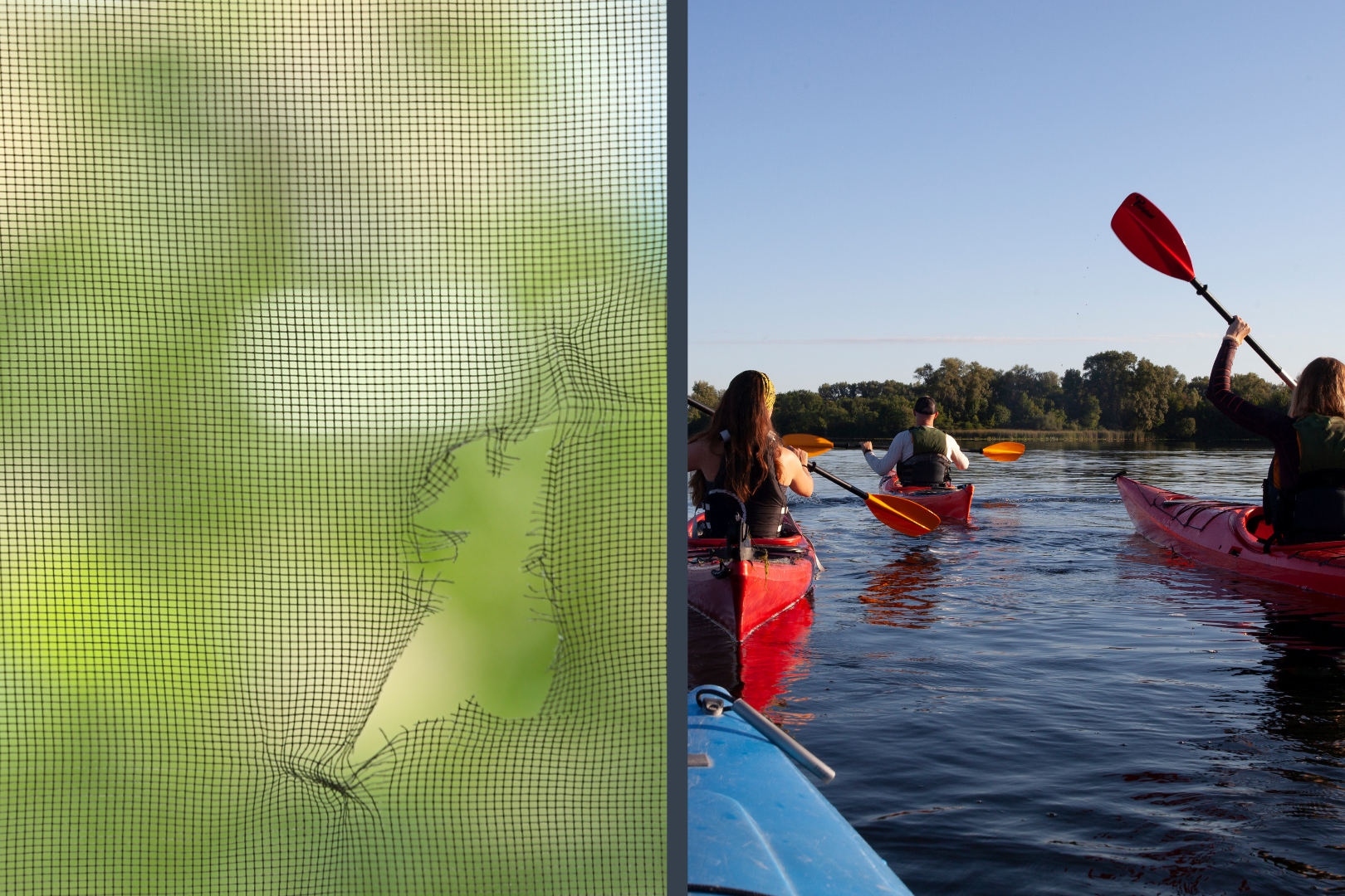 ripped screen and people kayaking on Wabamun Lake