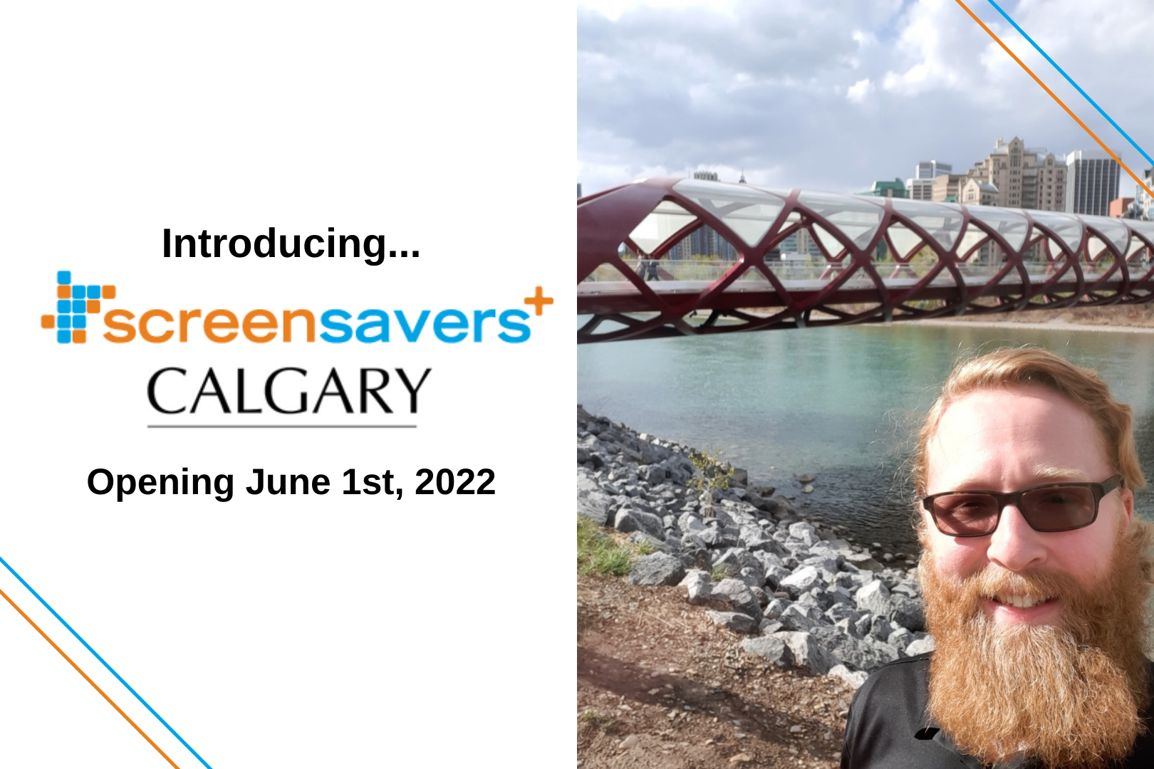 Introducing Screen Savers Plus Calgary with a photo of a man in front of the Calgary skyline