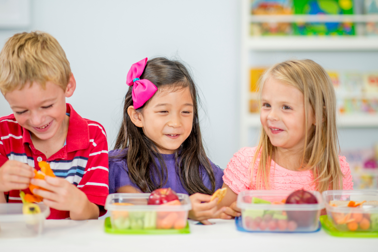 kids happily eating nutritious lunches at school