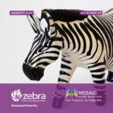 Image of a handcrafted zebra figurine against a light background, symbolizing the collaboration with Zebra Child & Youth Advocacy Centre. The text overlay highlights 'Charity Day' on November 28, featuring the logos of Zebra Child & Youth Advocacy Centre and Mosaic Home Services with the tagline 'Your Property, Our Expertise.' The hashtag #mosaic4charity is displayed at the bottom.