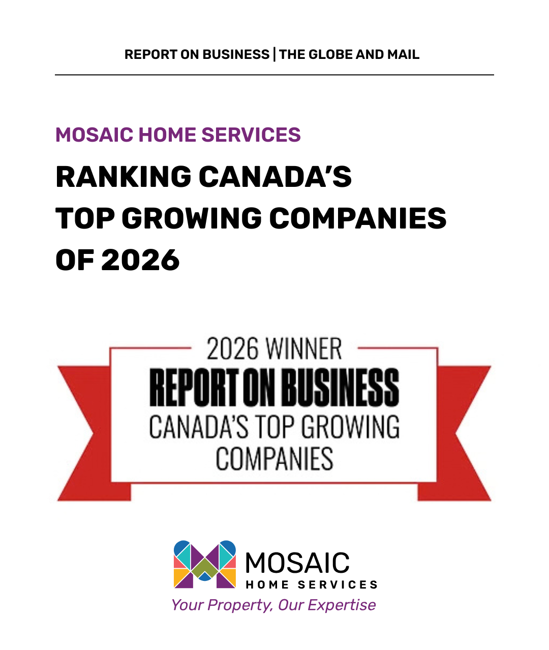 Mosaic Home Services Ranks on Canada’s Top Growing Companies 2026 List by The Globe and Mail
