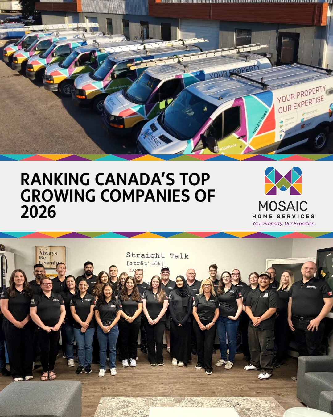 Mosaic Home Services branded vans lined up above the Mosaic team standing together in the office